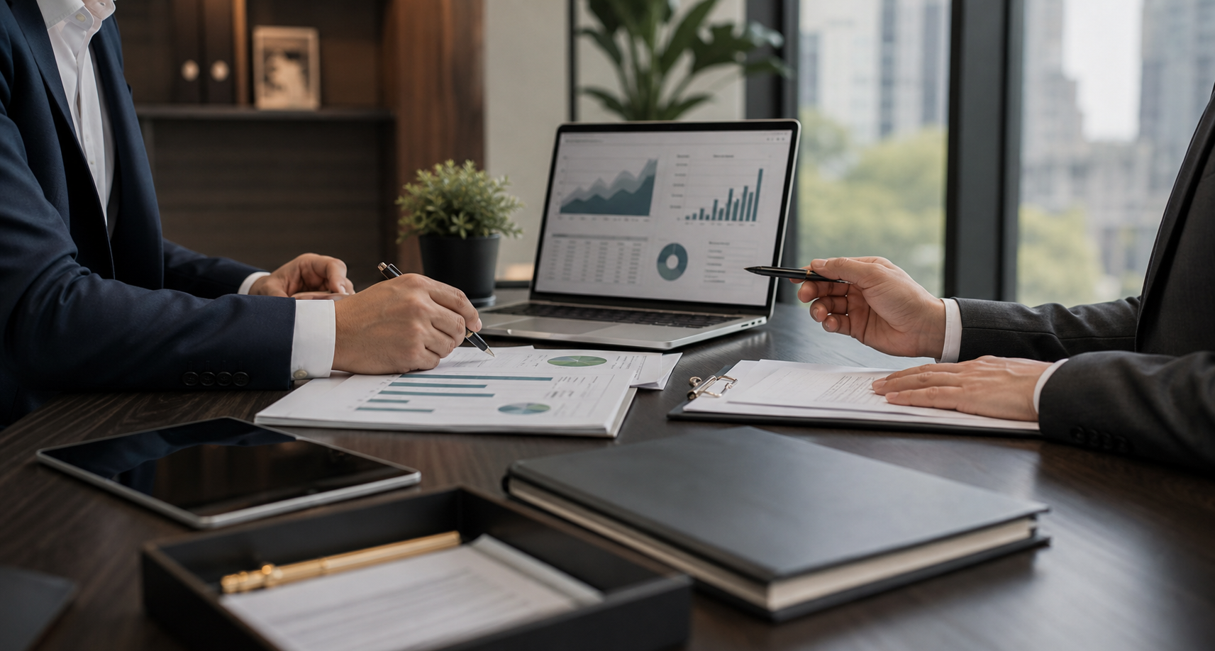 Professionals reviewing business charts and cash flow materials in a modern advisory meeting.